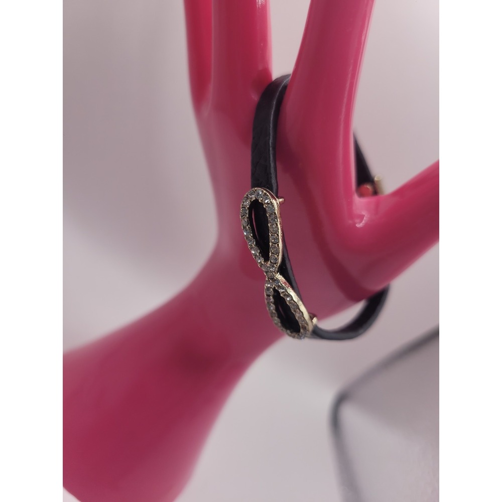 Black Faux Leather Infinity Bracelet Silver Tone Clear Rhinestone Statement